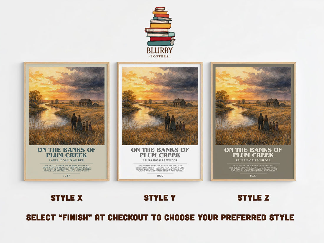 On the Banks of Plum Creek bookish print in frame leaning in hallway – childrens wall art (mockup)
