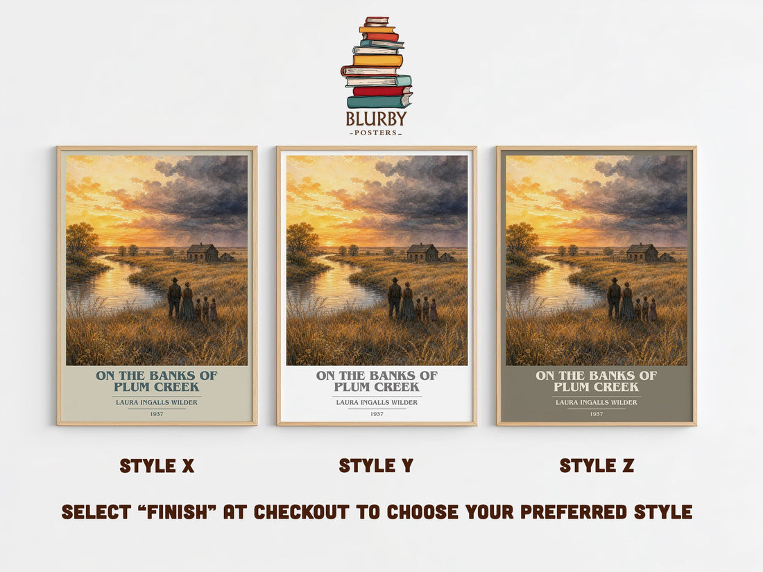 On the Banks of Plum Creek book cover print in frame leaning in hallway – childrens wall art (mockup)