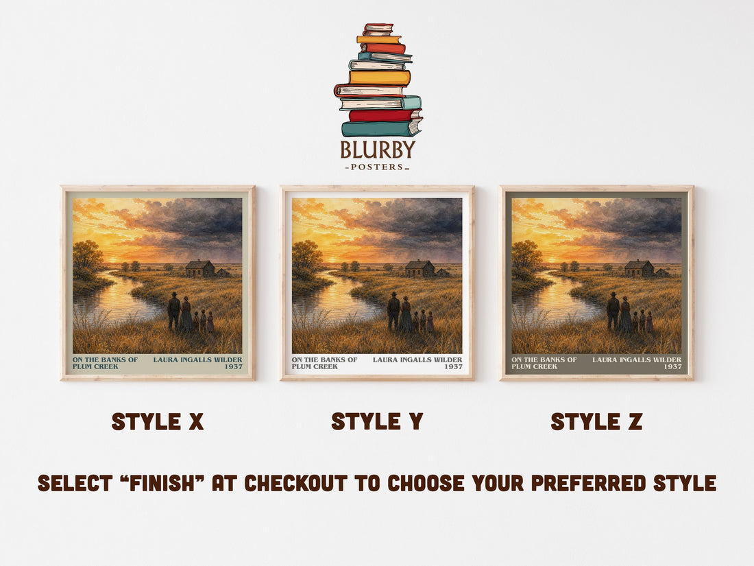 On the Banks of Plum Creek literary print in frame leaning in hallway – childrens wall art (mockup)