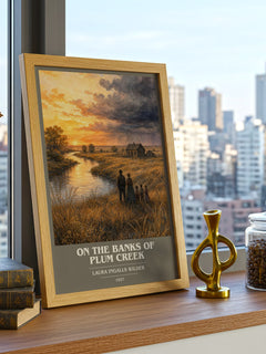 On the Banks of Plum Creek book cover print framed by window – literary home decor