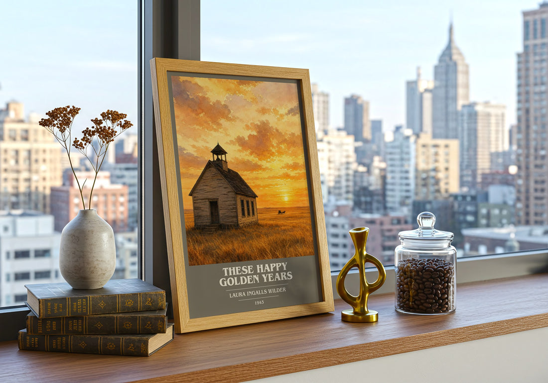 These Happy Golden Years book cover print framed by window – literary home decor