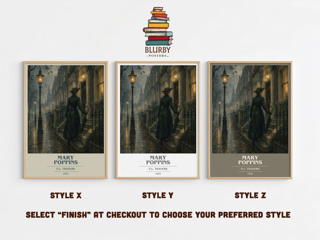 Mary Poppins book cover print in frame leaning in hallway – childrens wall art (mockup)