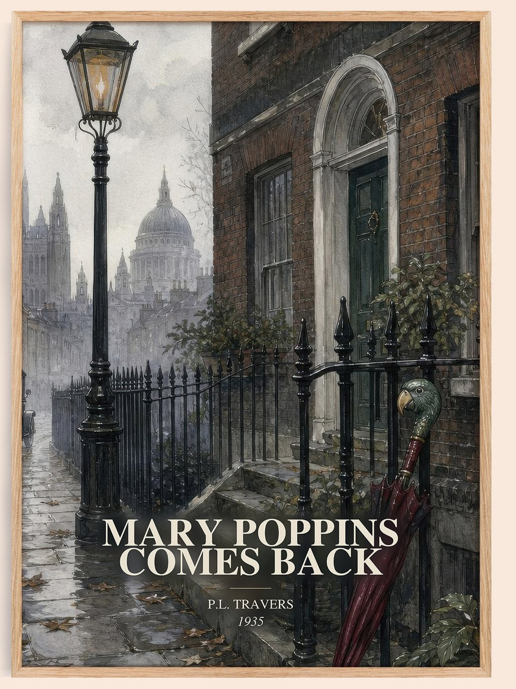 Mary Poppins Comes Back watercolour book poster by P.L. Travers – framed literary art print