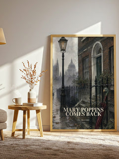 Mary Poppins Comes Back watercolour print in frame leaning in hallway – childrens wall art