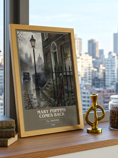 Mary Poppins Comes Back book cover print framed by window – literary home decor