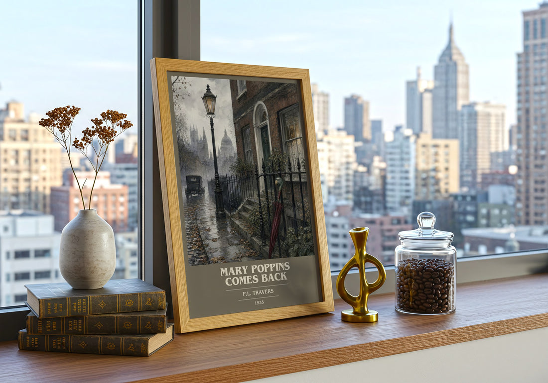 Mary Poppins Comes Back book cover print framed by window – literary home decor