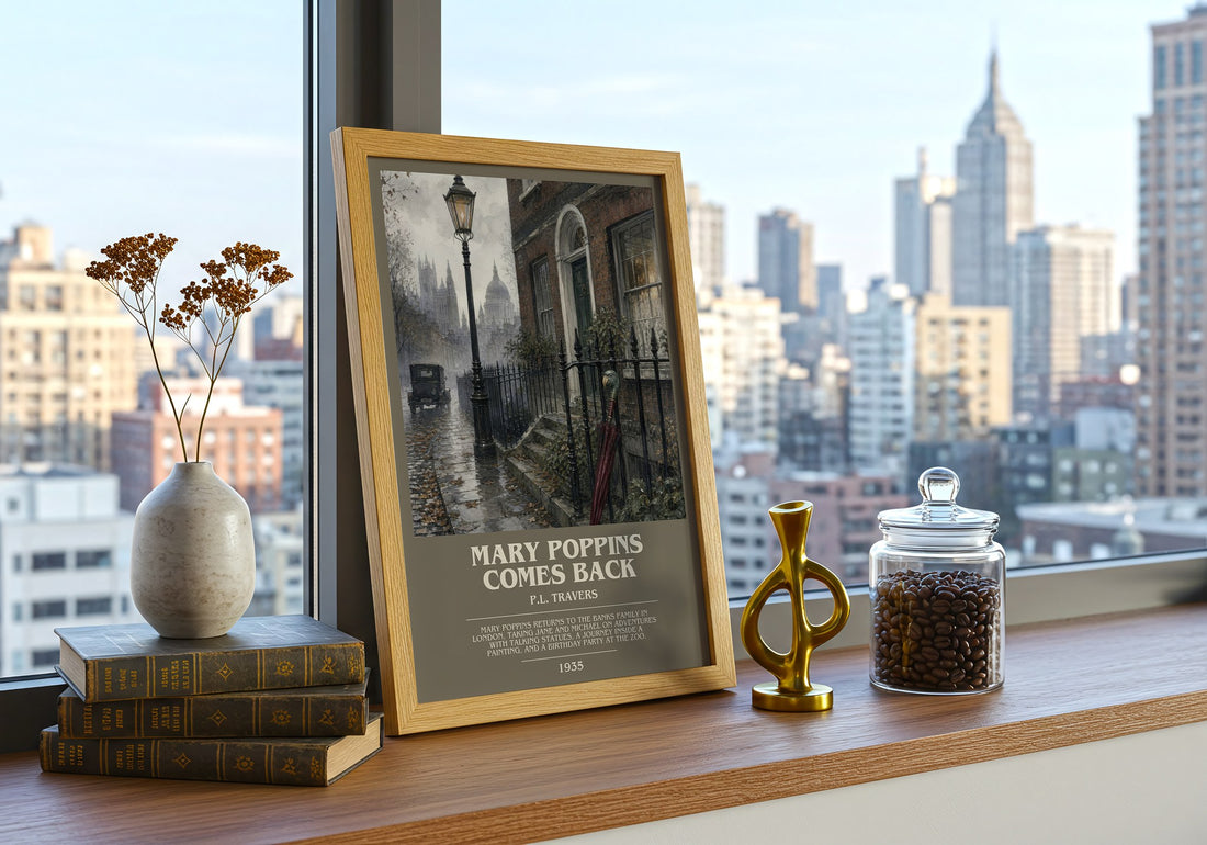 Mary Poppins Comes Back bookish print framed by window – literary home decor