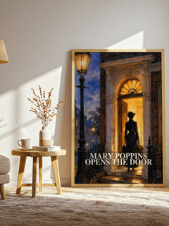 Mary Poppins Opens the Door watercolour print in frame leaning in hallway – childrens wall art