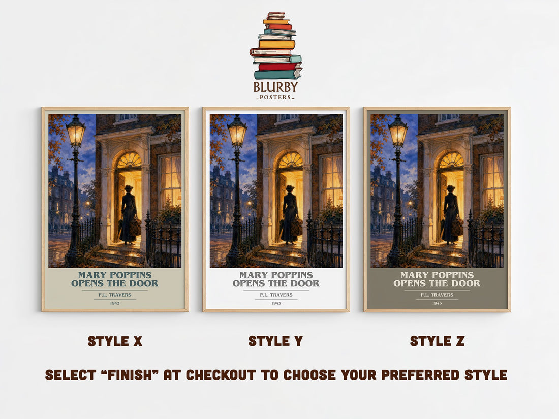Mary Poppins Opens the Door book cover print in frame leaning in hallway – childrens wall art (mockup)