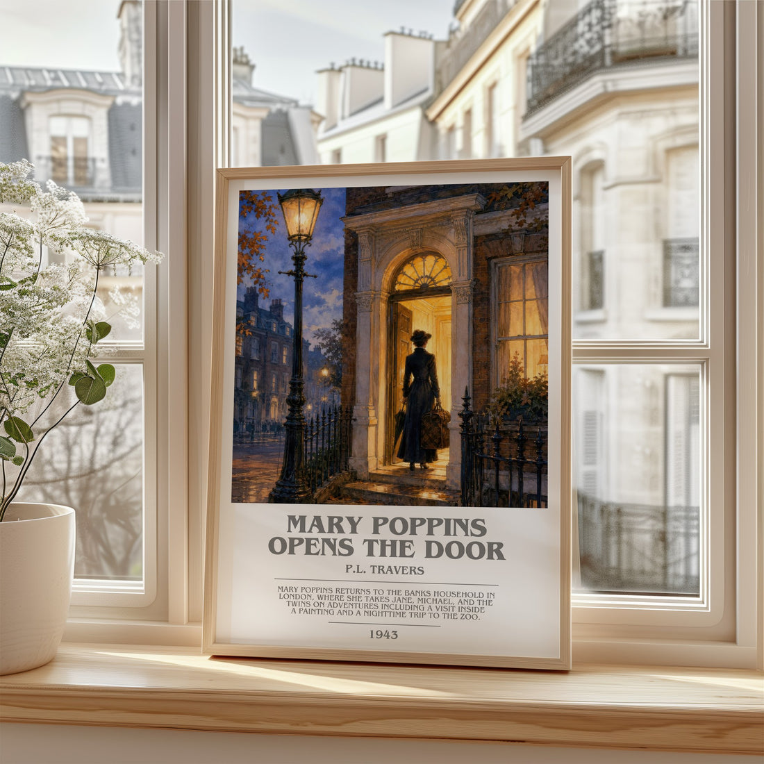 Mary Poppins Opens the Door Bookish Wall Art by P.L. Travers – framed print by a bright window
