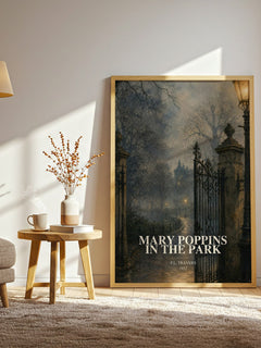 Mary Poppins in the Park watercolour print in frame leaning in hallway – childrens wall art