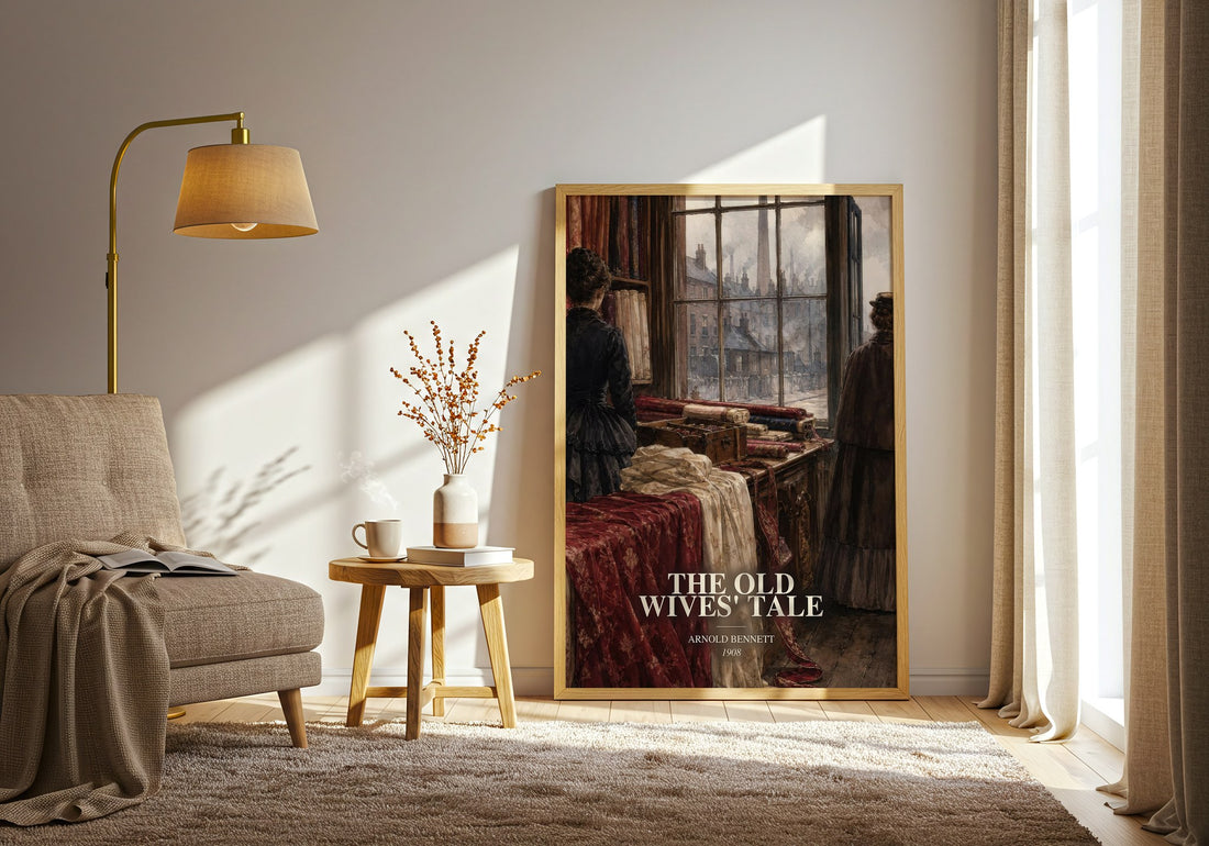 The Old Wives' Tale watercolour print in frame leaning in hallway – literary fiction wall art (mockup)