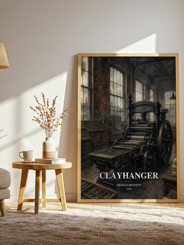 Clayhanger watercolour print in frame leaning in hallway – literary fiction wall art