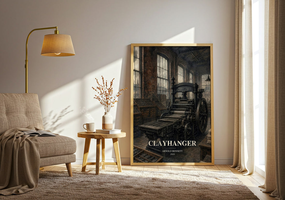 Clayhanger watercolour print in frame leaning in hallway – literary fiction wall art (mockup)