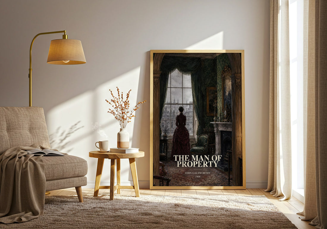 The Man of Property watercolour print in frame leaning in hallway – classic literature wall art (mockup)