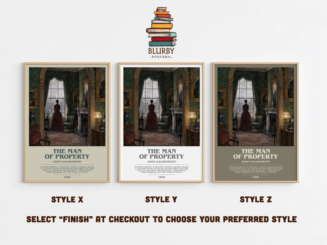 The Man of Property bookish print in frame leaning in hallway – classic literature wall art (mockup)