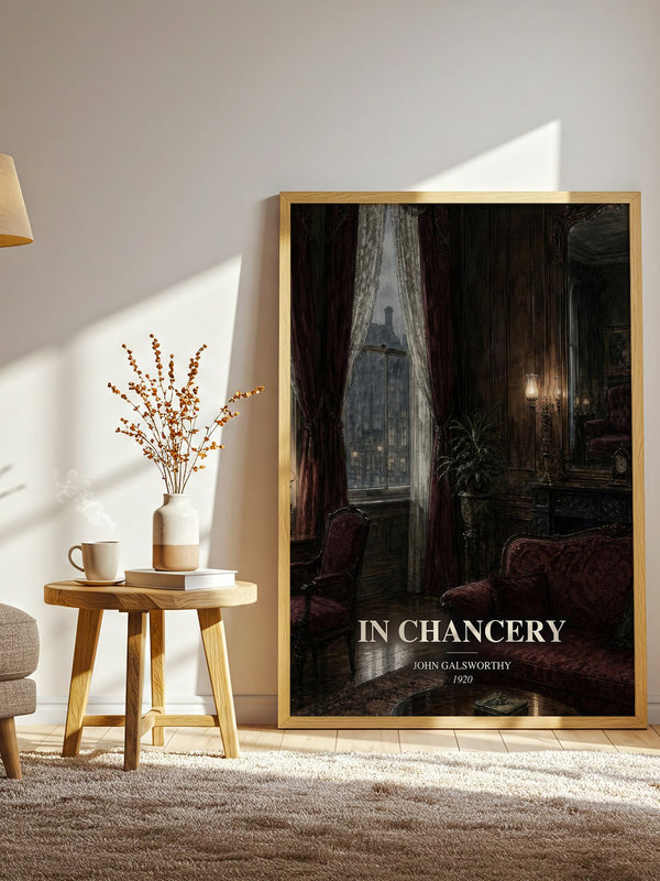 In Chancery watercolour print in frame leaning in hallway – literary fiction wall art