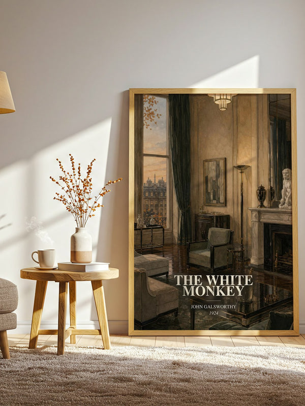 The White Monkey watercolour print in frame leaning in hallway – literary fiction wall art