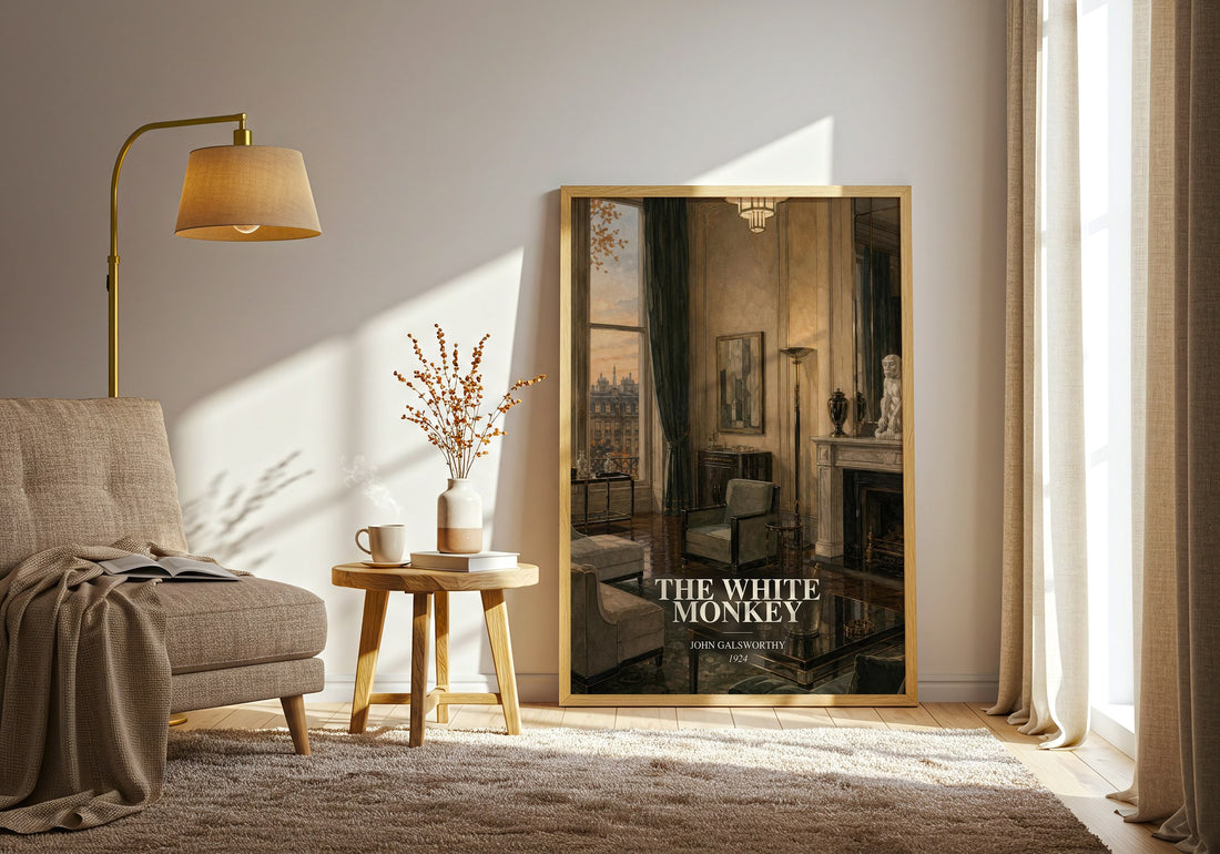 The White Monkey watercolour print in frame leaning in hallway – literary fiction wall art (mockup)