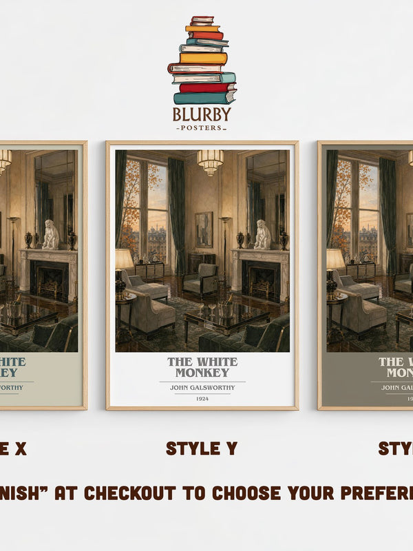 The White Monkey book cover print in frame leaning in hallway – literary fiction wall art