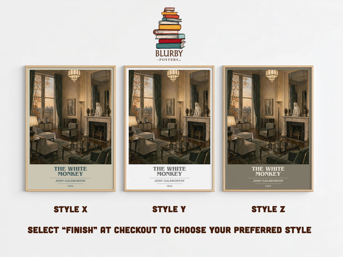 The White Monkey book cover print in frame leaning in hallway – literary fiction wall art (mockup)