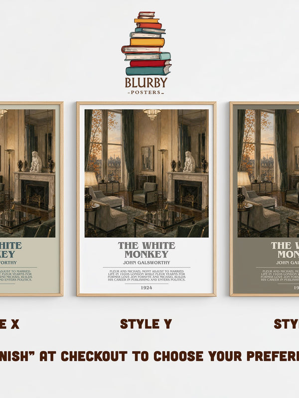The White Monkey bookish print in frame leaning in hallway – literary fiction wall art