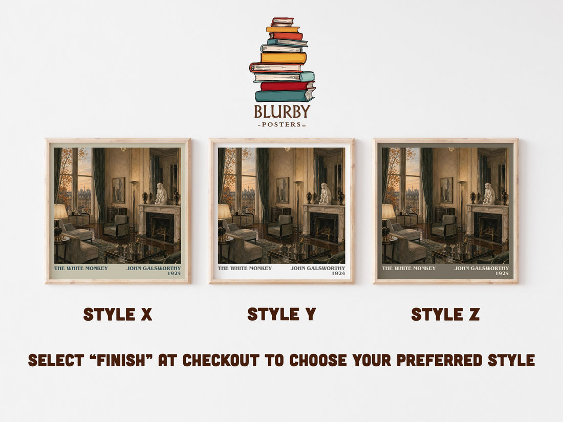 The White Monkey literary print in frame leaning in hallway – literary fiction wall art (mockup)