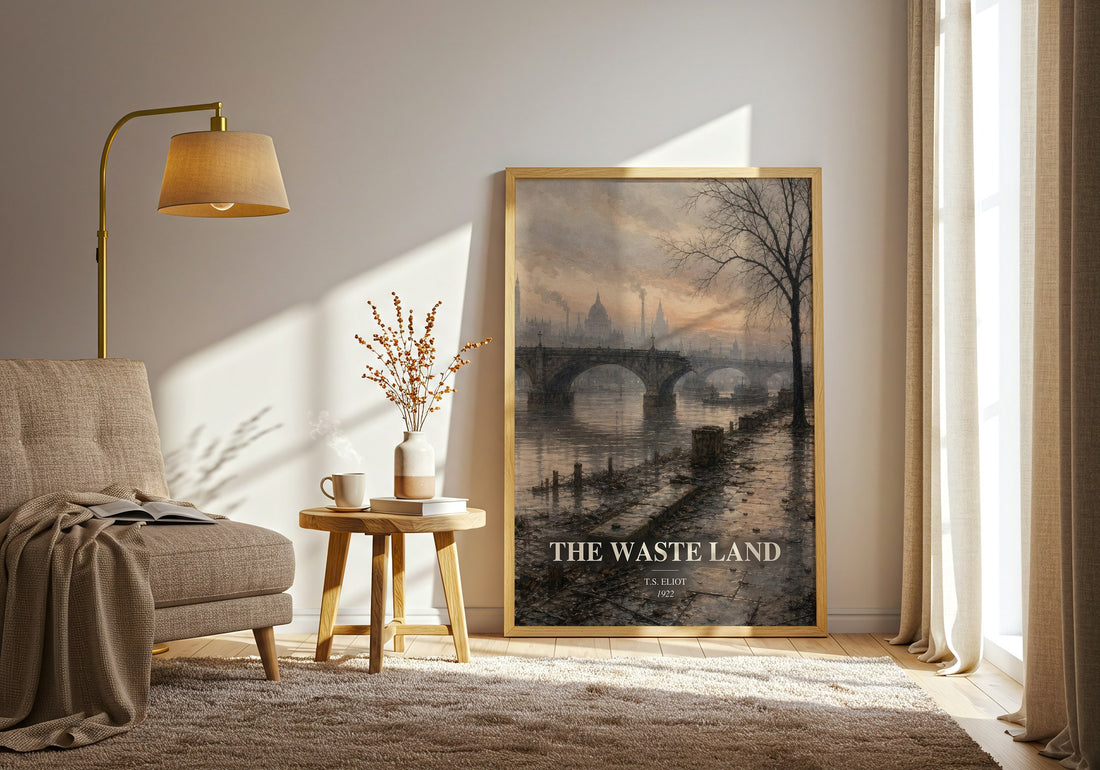 The Waste Land watercolour print in frame leaning in hallway – poetry wall art (mockup)