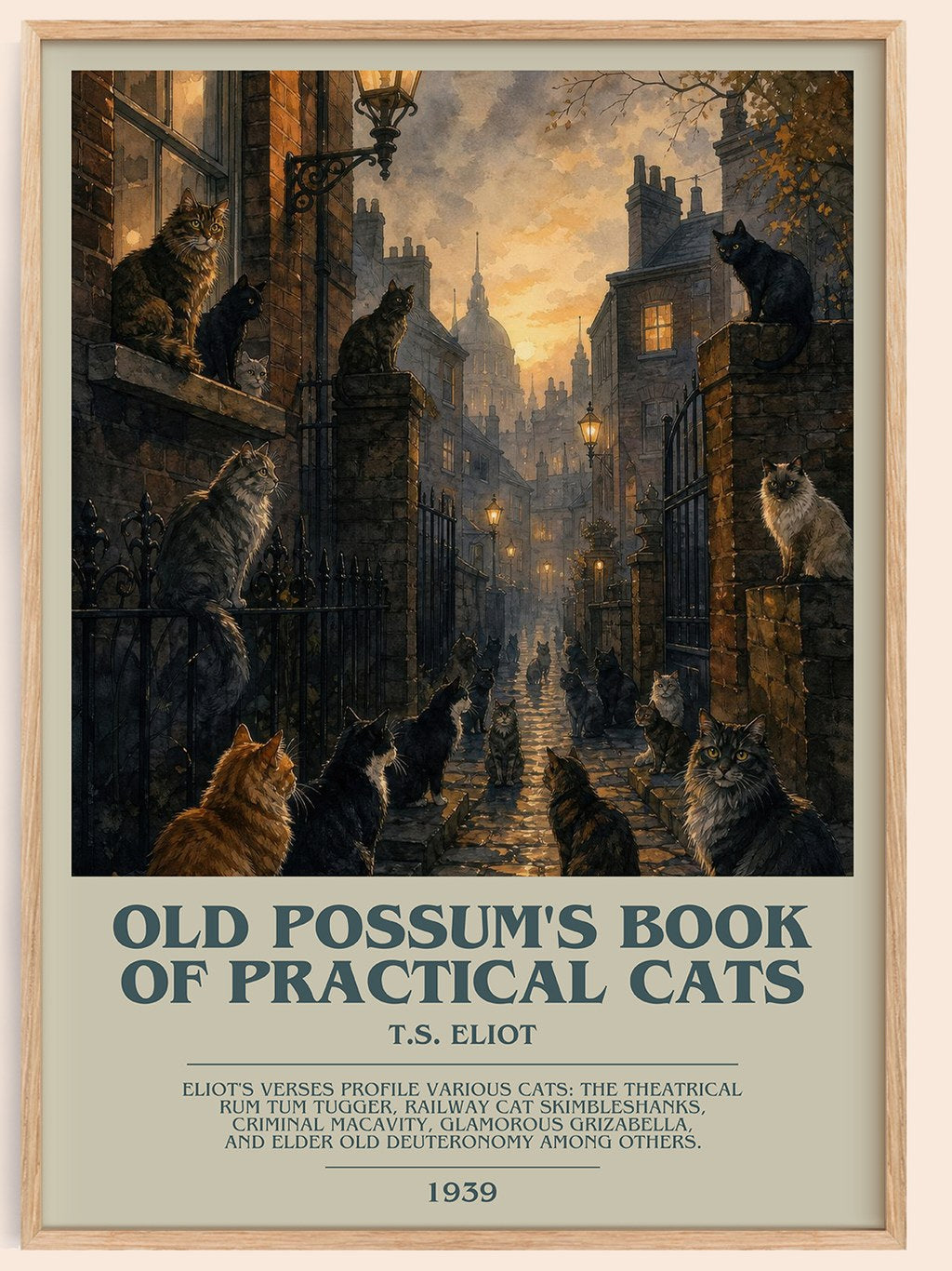 Old Possum's Book of Practical Cats bookish book poster by T.S. Eliot – framed literary art print