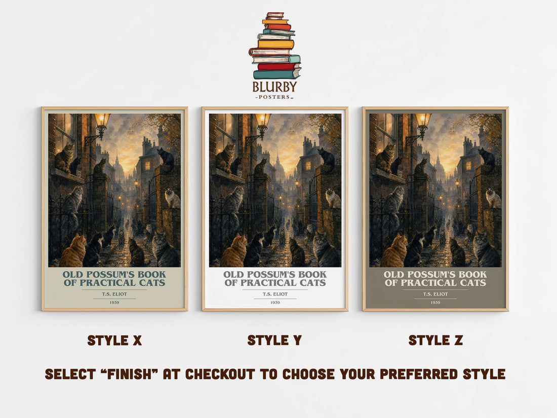 Old Possum's Book of Practical Cats book cover print in frame leaning in hallway – poetry wall art (mockup)