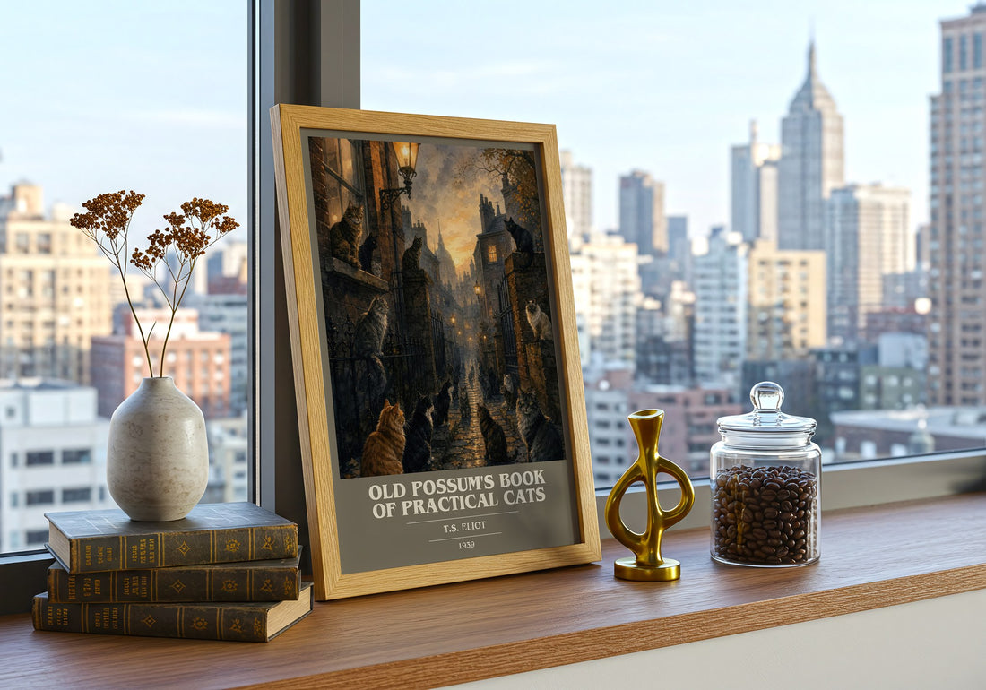 Old Possum's Book of Practical Cats book cover print framed by window – literary home decor