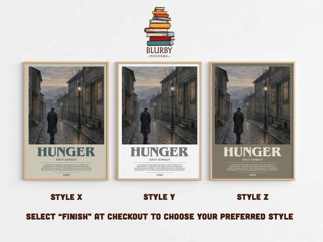 Hunger bookish print in frame leaning in hallway – literary fiction wall art (mockup)