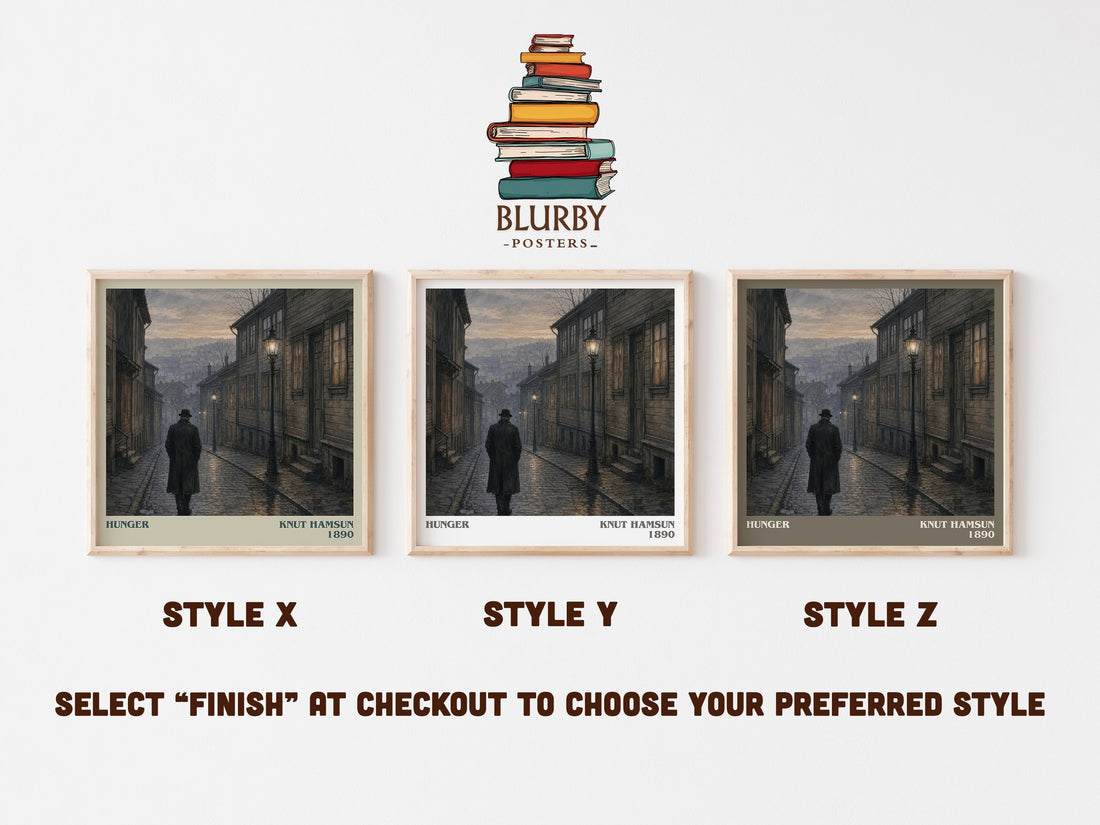 Hunger literary print in frame leaning in hallway – literary fiction wall art (mockup)