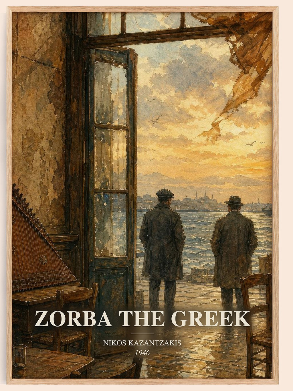 Zorba the Greek watercolour book poster by Nikos Kazantzakis – framed literary art print