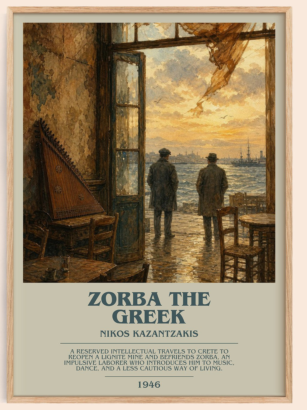 Zorba the Greek bookish book poster by Nikos Kazantzakis – framed literary art print