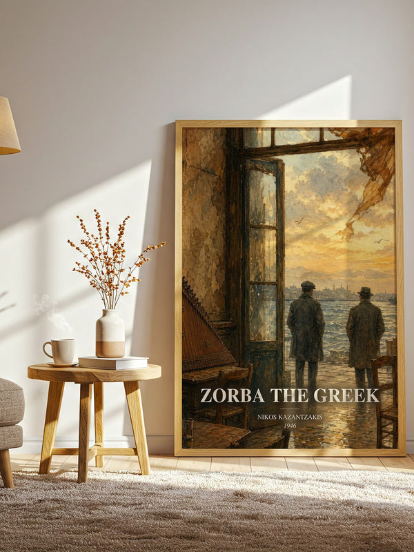 Zorba the Greek watercolour print in frame leaning in hallway – literary fiction wall art