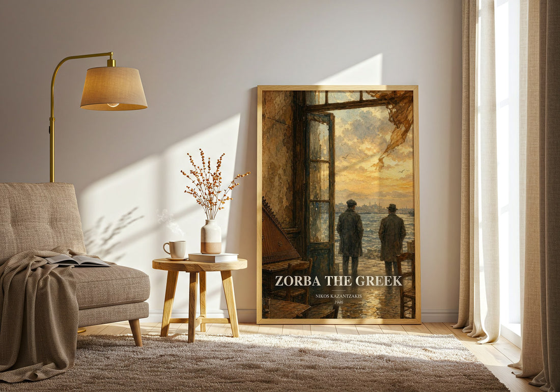 Zorba the Greek watercolour print in frame leaning in hallway – literary fiction wall art (mockup)