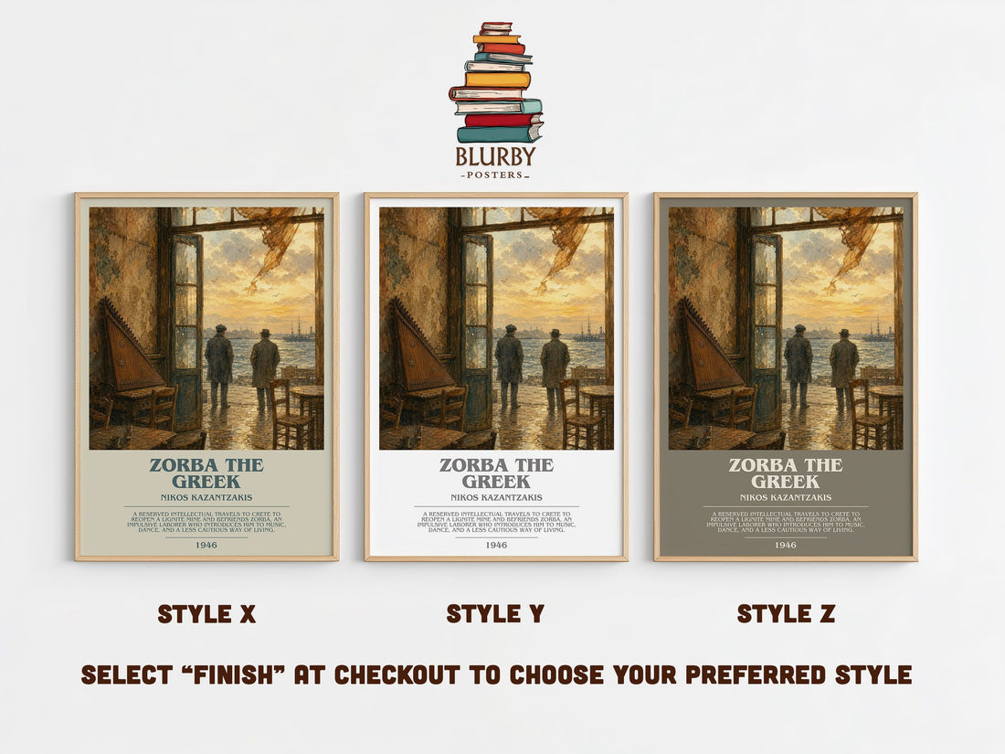 Zorba the Greek bookish print in frame leaning in hallway – literary fiction wall art (mockup)