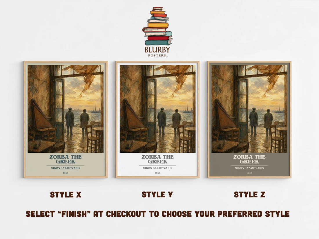 Zorba the Greek book cover print in frame leaning in hallway – literary fiction wall art (mockup)