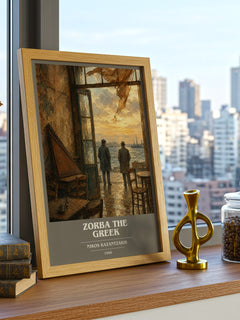 Zorba the Greek book cover print framed by window – literary home decor