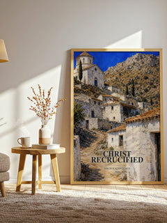 Christ Recrucified watercolour print in frame leaning in hallway – literary fiction wall art