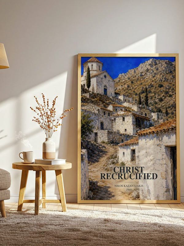Christ Recrucified watercolour print in frame leaning in hallway – literary fiction wall art