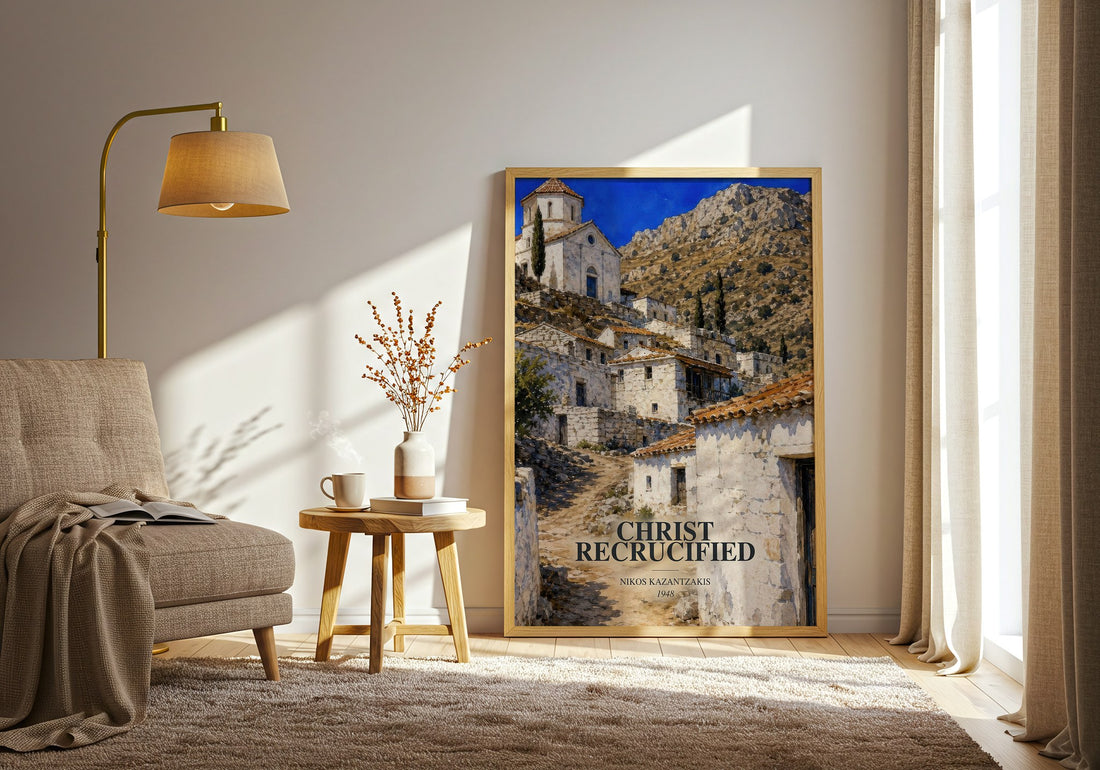 Christ Recrucified watercolour print in frame leaning in hallway – literary fiction wall art (mockup)