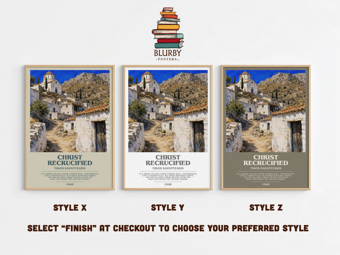 Christ Recrucified bookish print in frame leaning in hallway – literary fiction wall art (mockup)