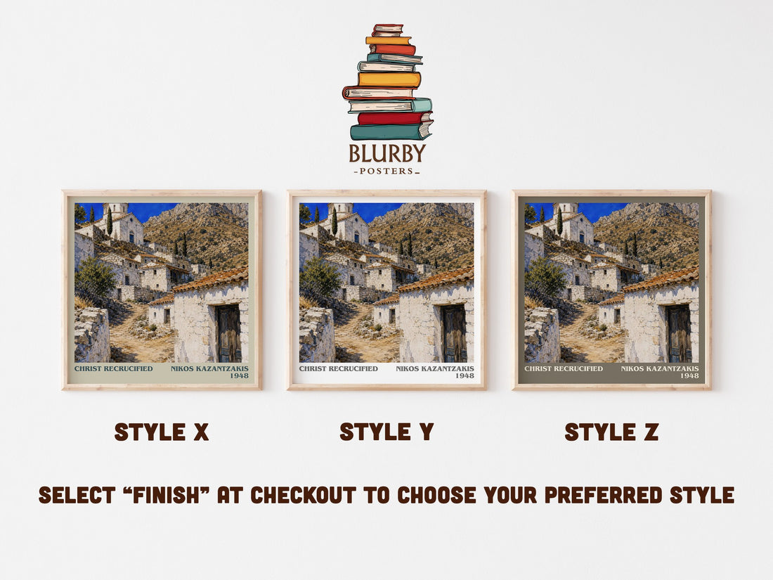 Christ Recrucified literary print in frame leaning in hallway – literary fiction wall art (mockup)