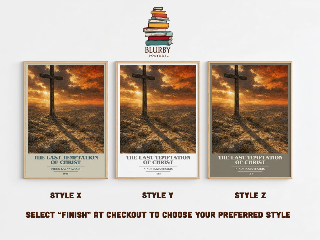The Last Temptation of Christ book cover print in frame leaning in hallway – philosophy wall art (mockup)