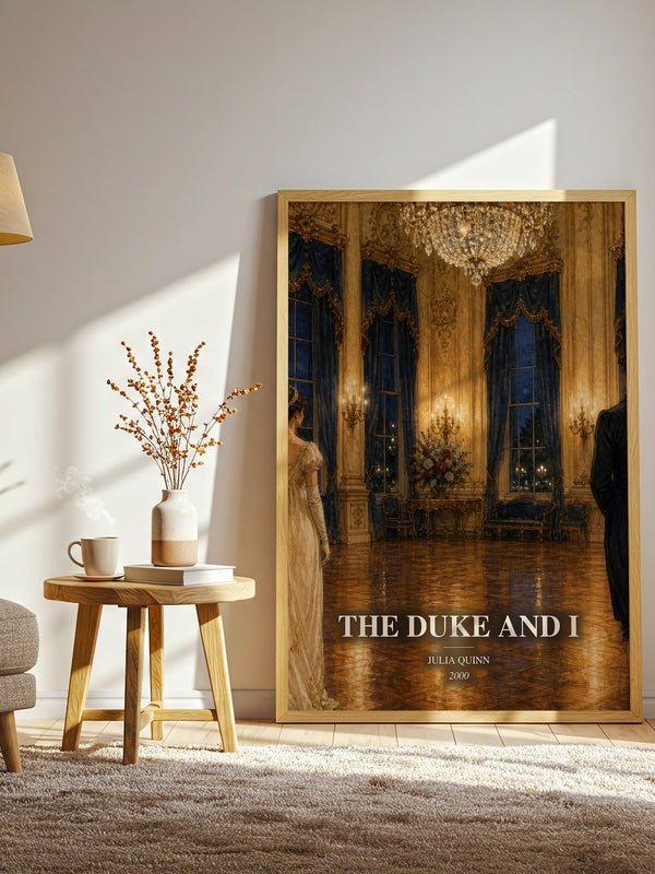 The Duke and I watercolour print in frame leaning in hallway – romance wall art