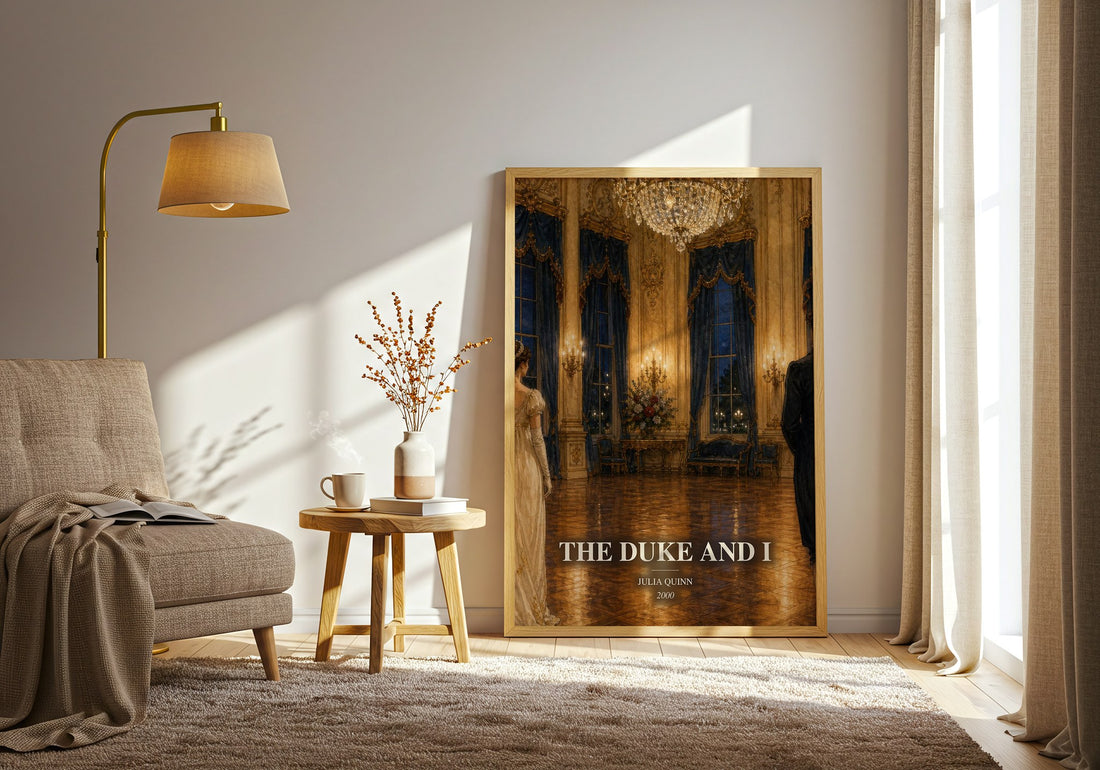 The Duke and I watercolour print in frame leaning in hallway – romance wall art (mockup)
