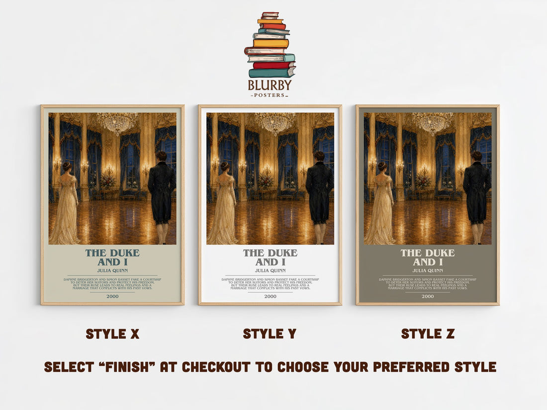 The Duke and I bookish print in frame leaning in hallway – romance wall art (mockup)