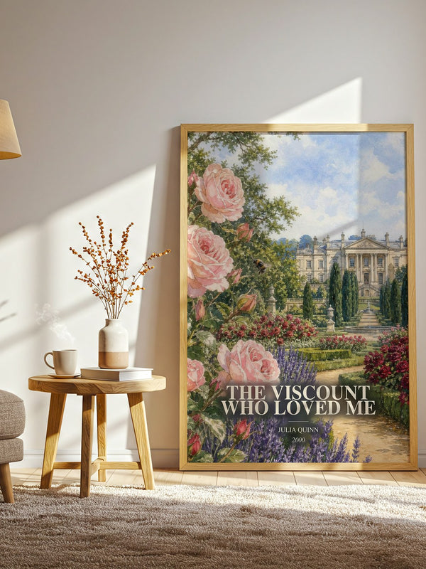 The Viscount Who Loved Me watercolour print in frame leaning in hallway – romance wall art